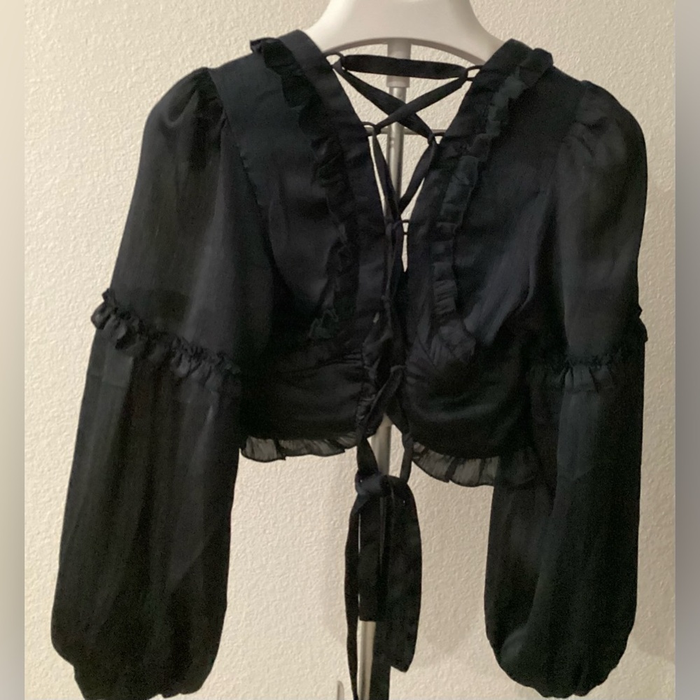 bebe Black Ruffled Blouse with Lace-Up Back